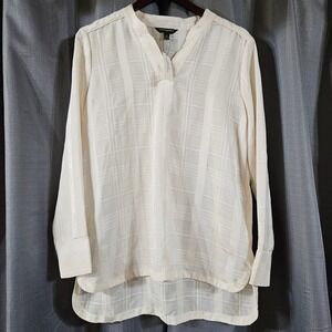 Banana Republic Factory Ivory Tonal Plaid Split Neck Blouse Womens Medium NWT
